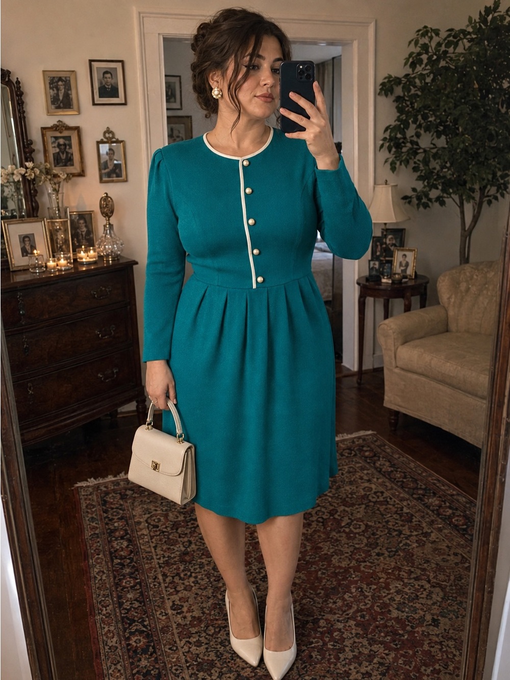 Vintage 80s Leslie Fay Teal Knit Pearl Button Dress 14P ILGWU USA